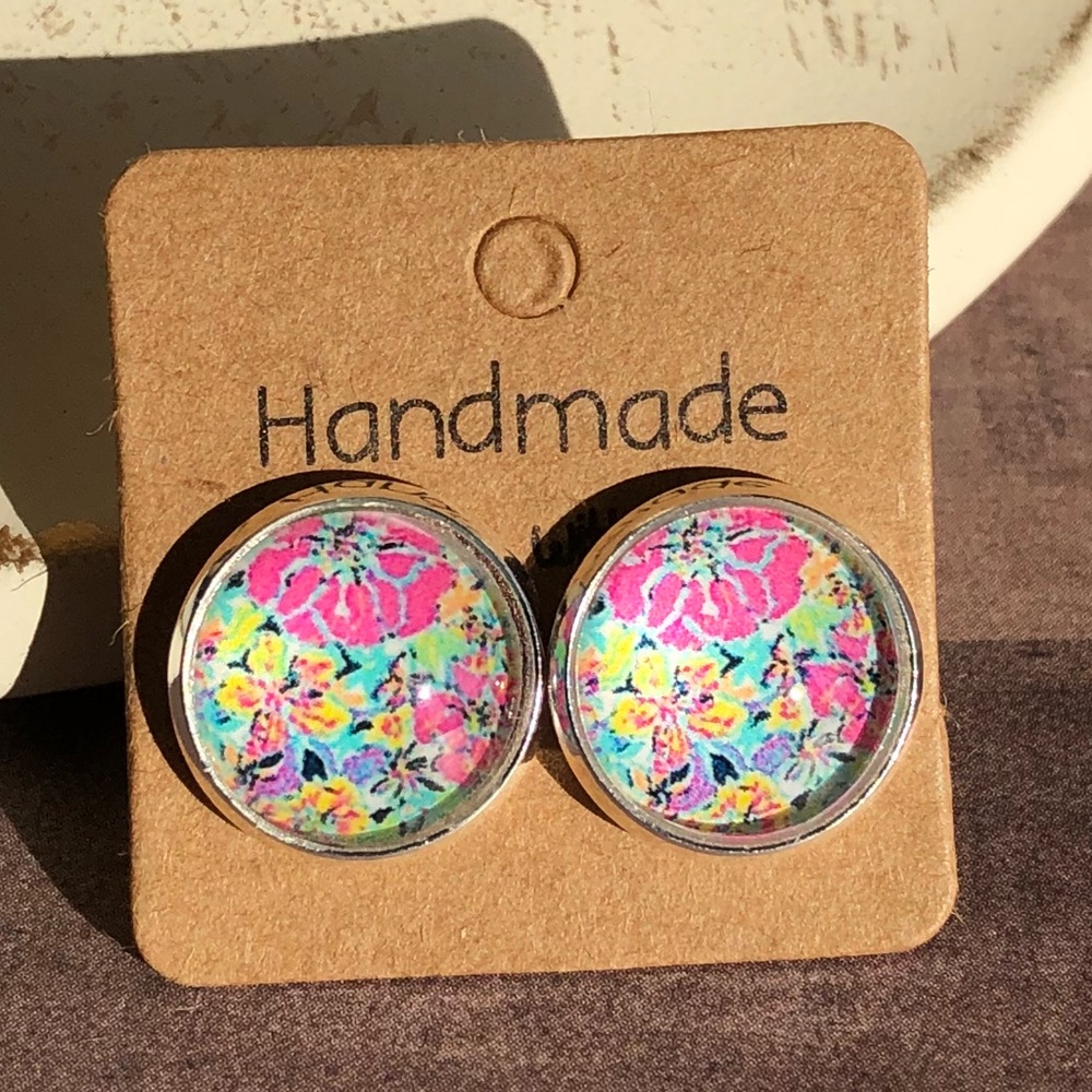 Cabana Bright Pink Floral Silver Stud Earrings